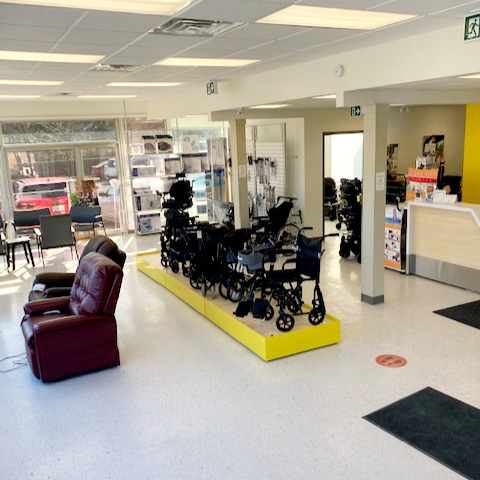 Peterborough powerlift recliner, walking aids, and walking aids displays in showroom