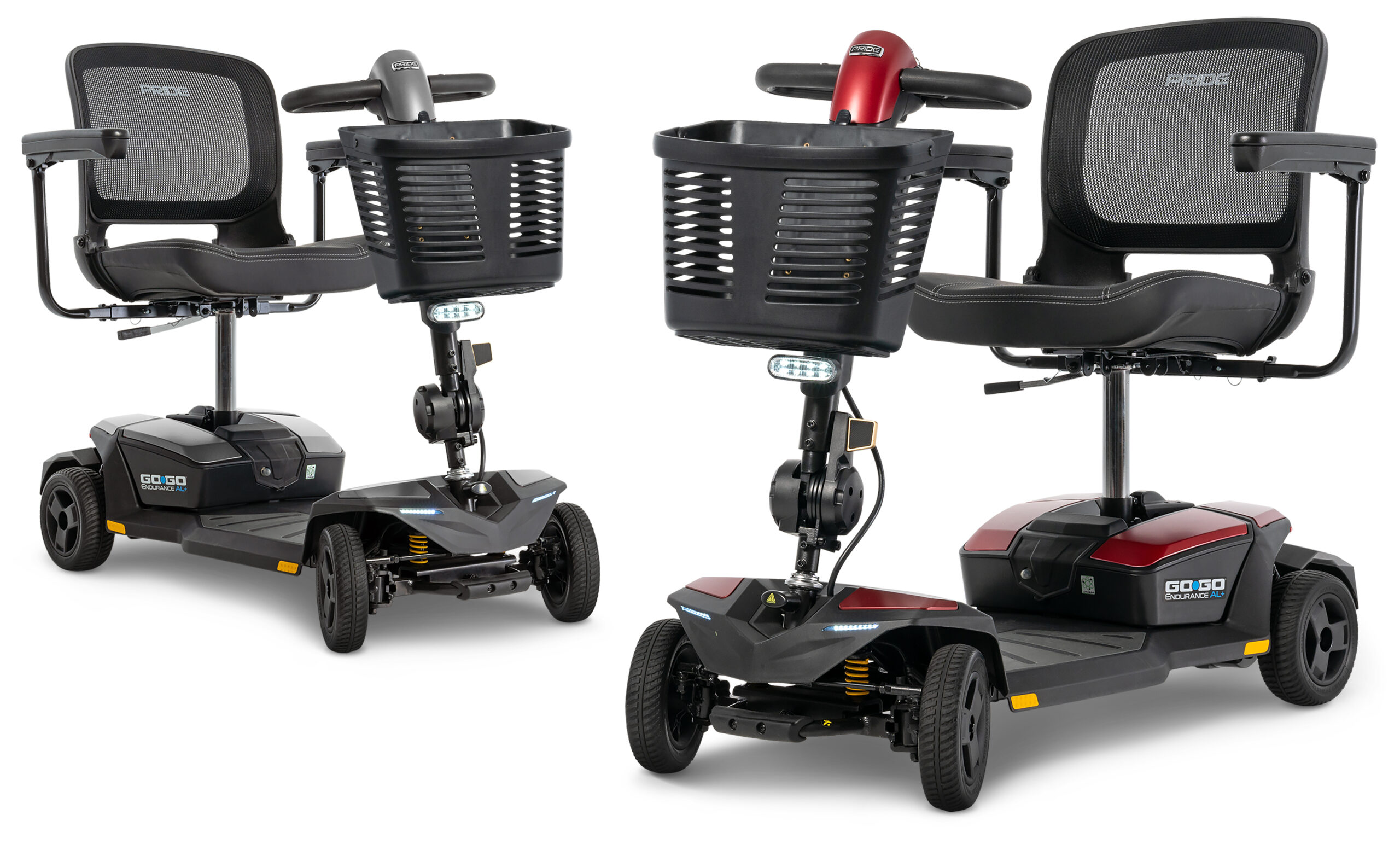 Two Endurance mobility scooters in grey and red.